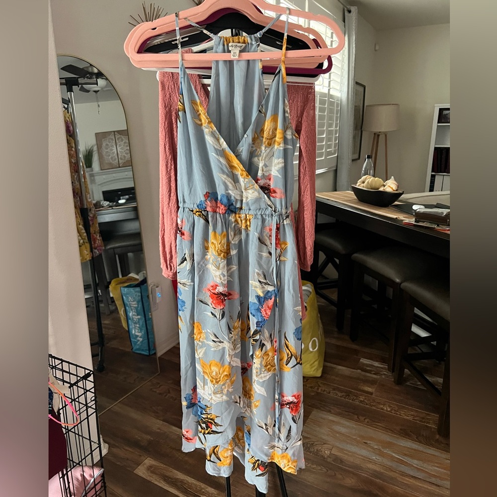 Lucky Brand Asymmetrical Floral Dress in Blue and Yellow